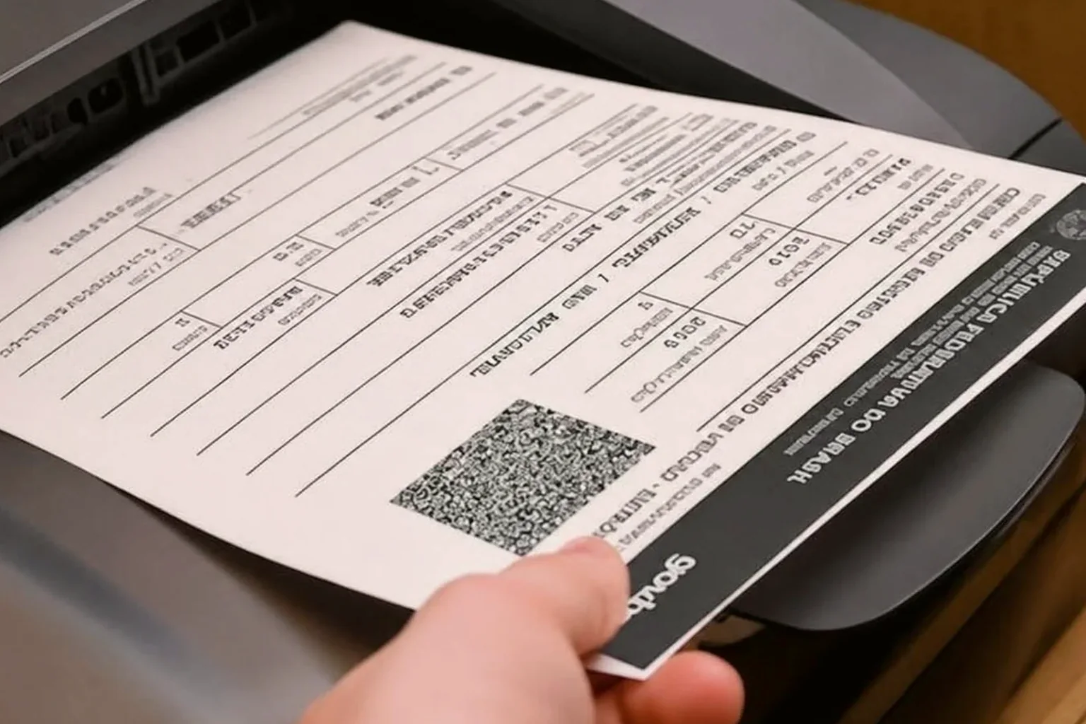 Profissional atuando na impressão de CRLV-e em um ambiente de despachante.